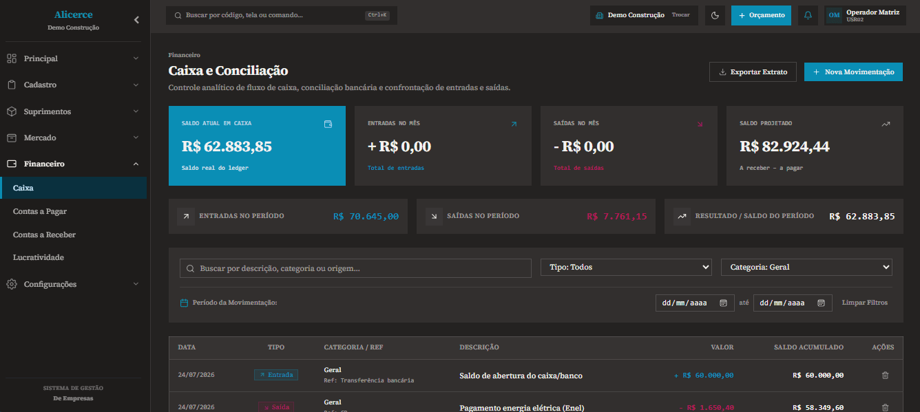 Tela de caixa e conciliação do Alicerce no modo escuro