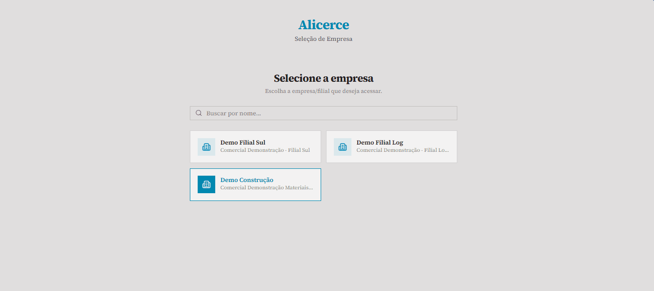 Seleção de empresa e filial no Alicerce
