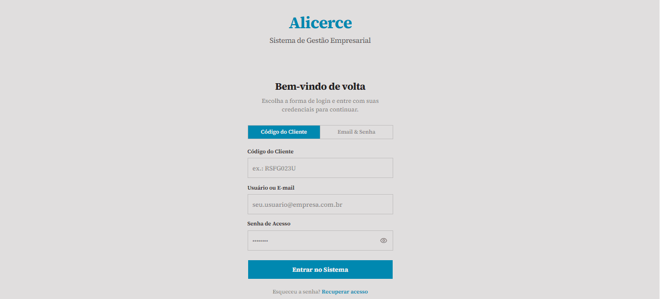 Tela de acesso ao Alicerce por código do cliente ou e-mail